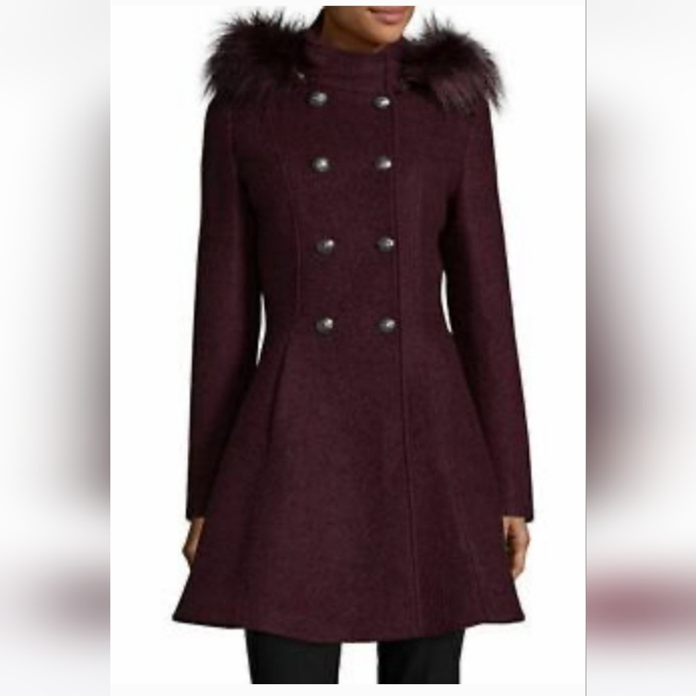 Liz Claiborne Women's Boucle Hooded Midweight Swing Coat Size XL Burgundy Wine - Picture 7 of 7